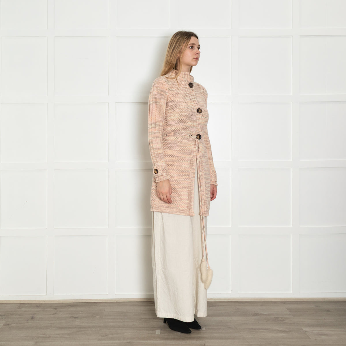 Missoni Pink Waffle Knit with Tied Waist Cardigan with Mink Trim