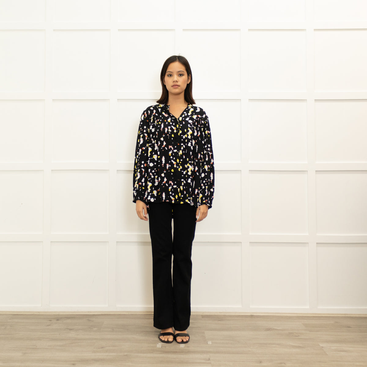 Ba & Sh Black White Frill Trim Neck Line Top