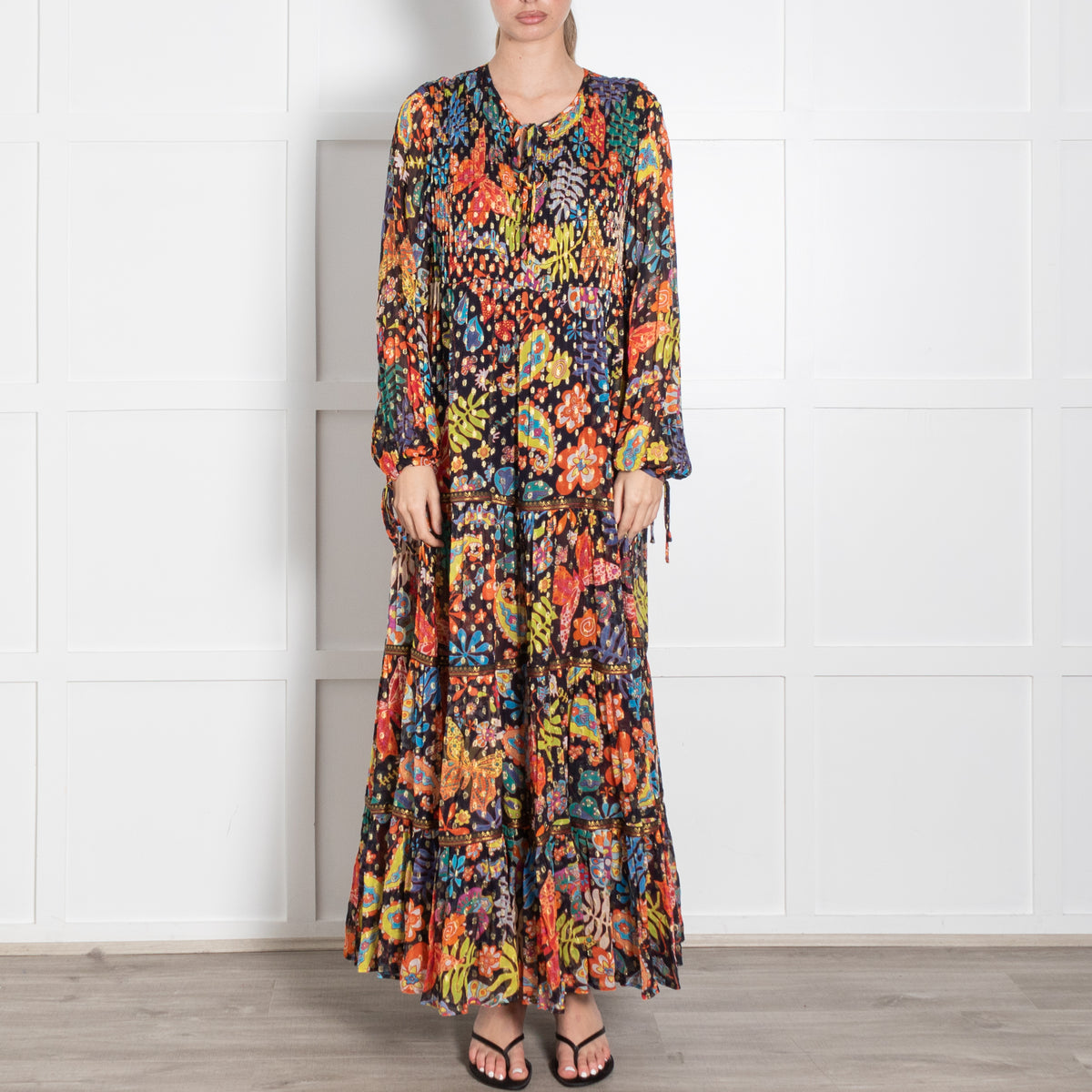 Rixo Black Multicolour Floral Tiered Lori Maxi Dress