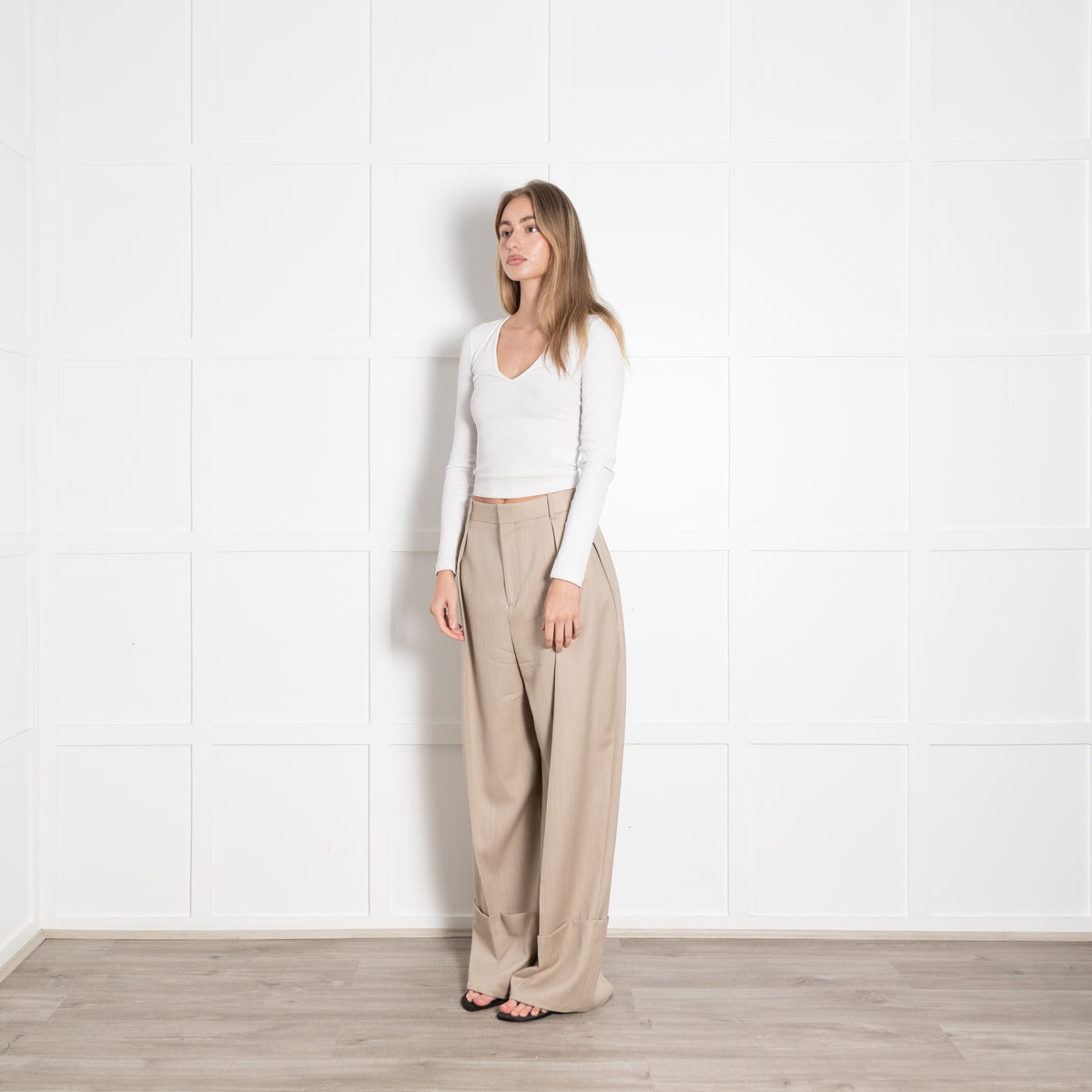 Victoria Beckham Beige Wide Leg Pleat Front Trouser With Turn Up