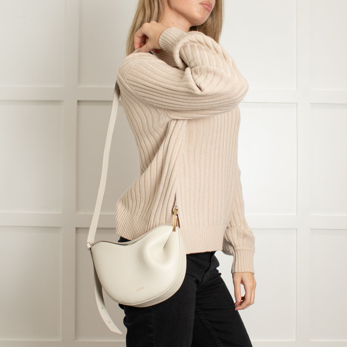 Polene Cream Grainy Leather Tonca Crossbody Bag