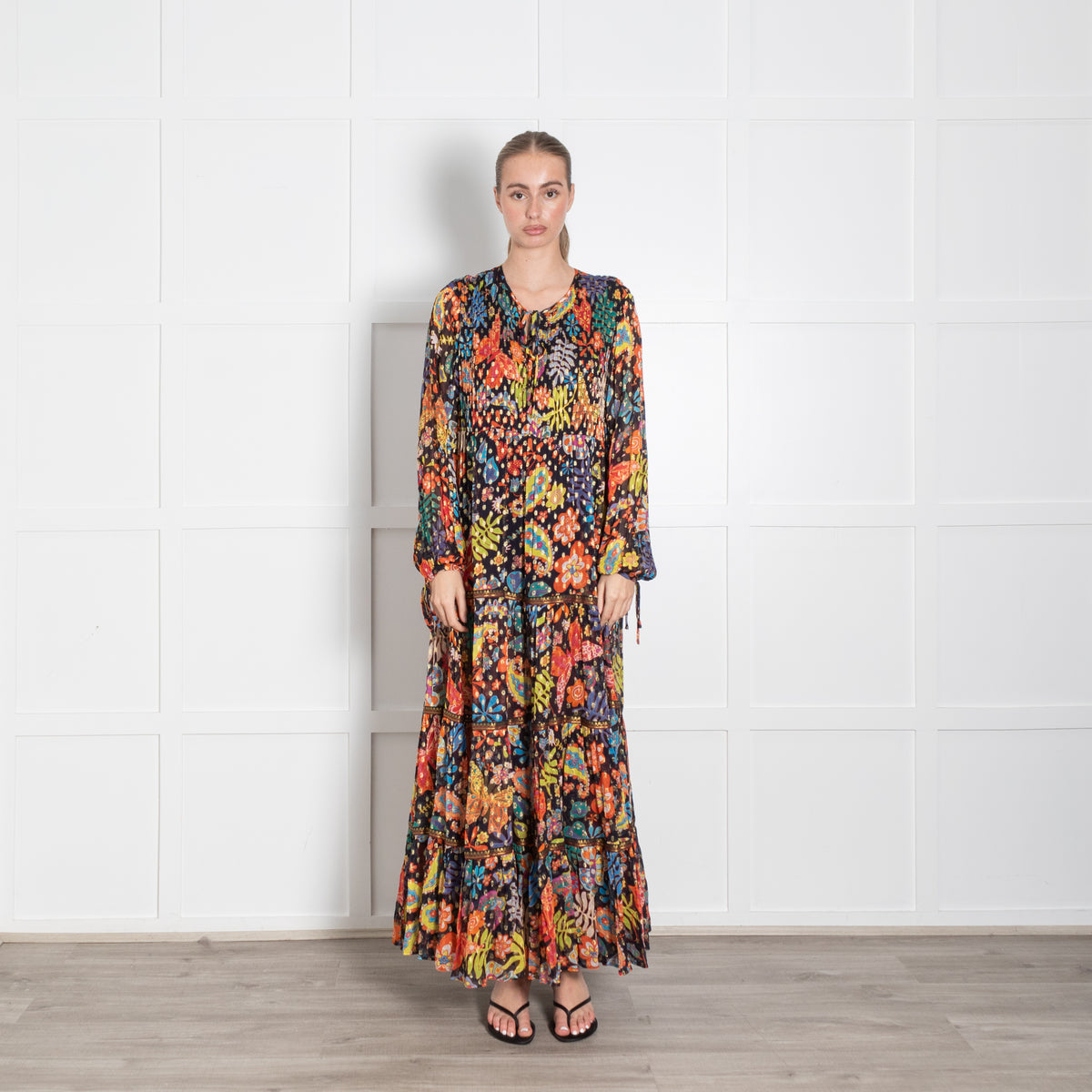 Rixo Black Multicolour Floral Tiered Lori Maxi Dress