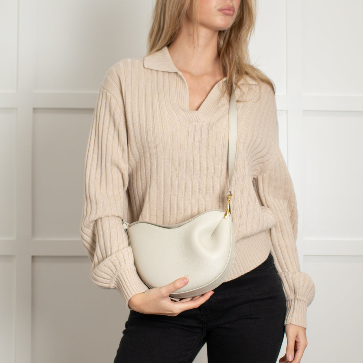 Polene Cream Grainy Leather Tonca Crossbody Bag