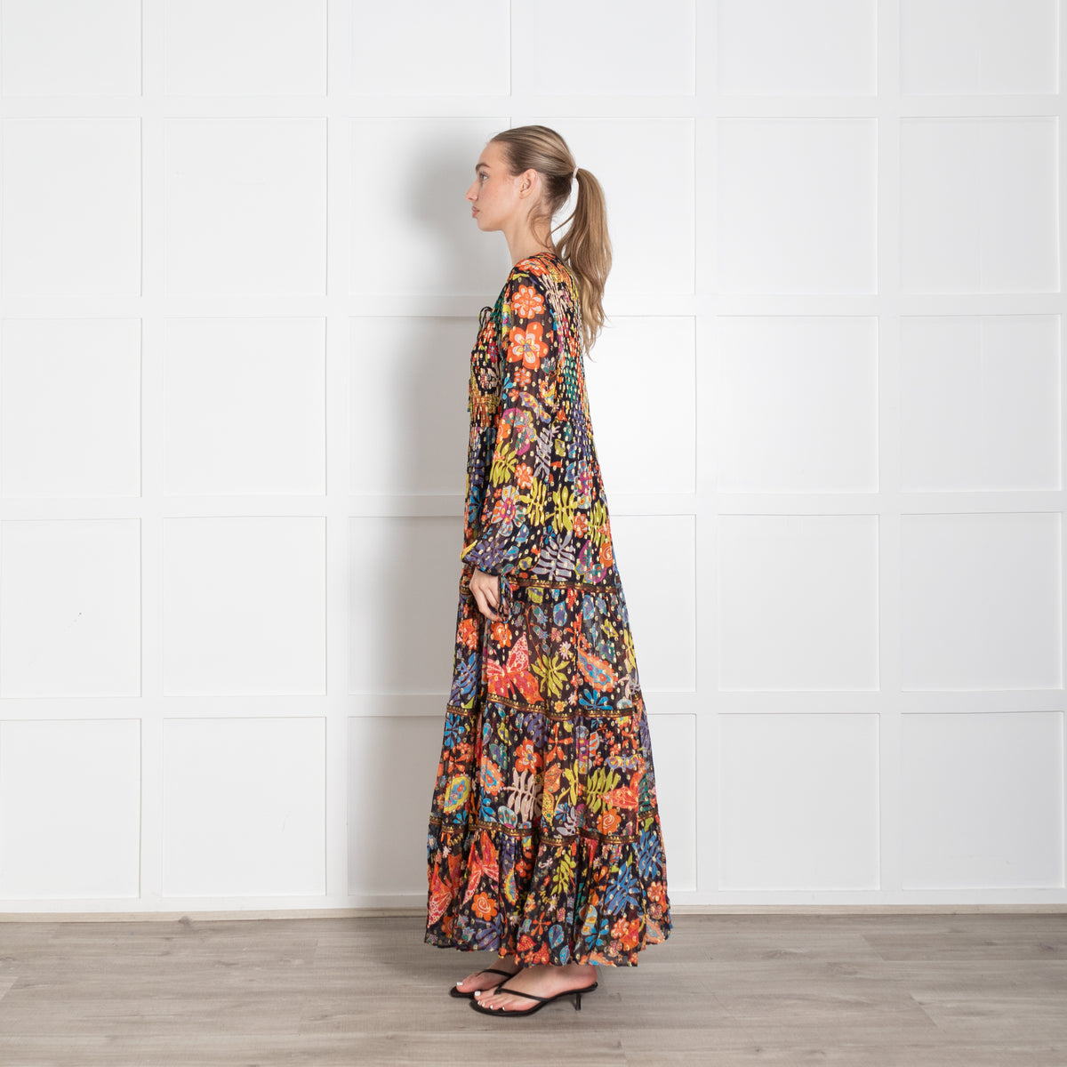 Rixo Black Multicolour Floral Tiered Lori Maxi Dress