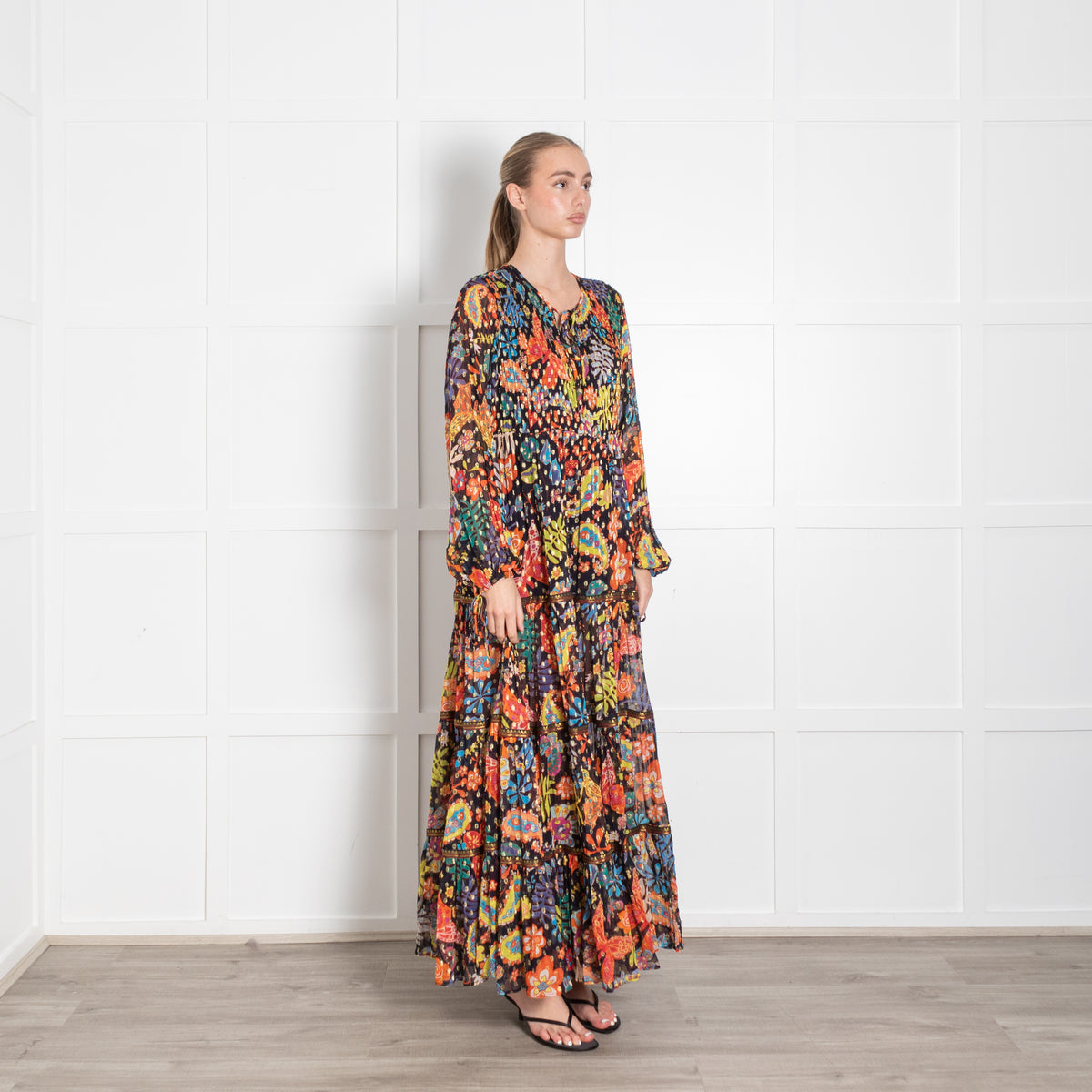 Rixo Black Multicolour Floral Tiered Lori Maxi Dress