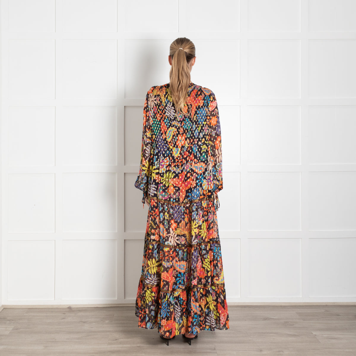 Rixo Black Multicolour Floral Tiered Lori Maxi Dress