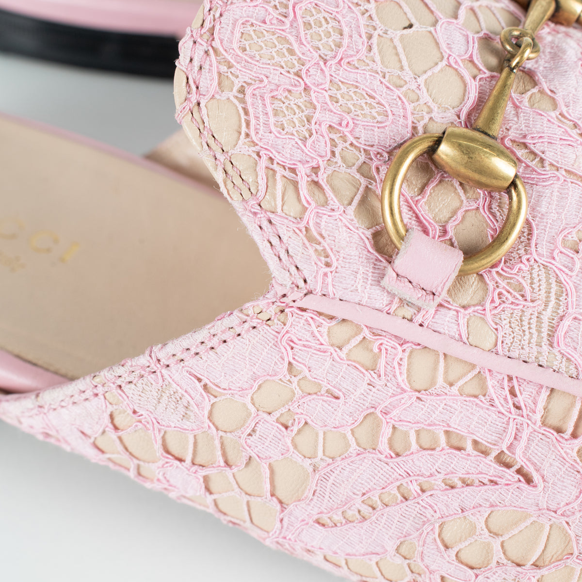 Gucci Pink Lace Princetown Mules