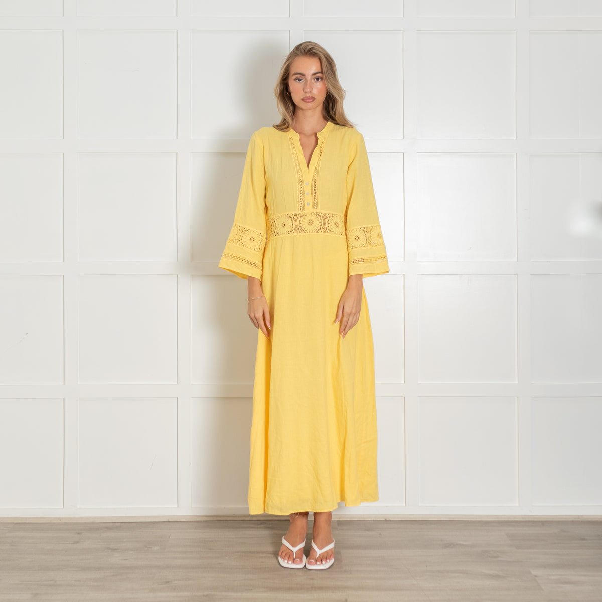 Honorine Yellow Linen Lace Trim Maxi Dress