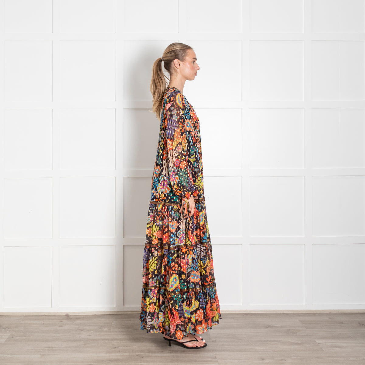 Rixo Black Multicolour Floral Tiered Lori Maxi Dress