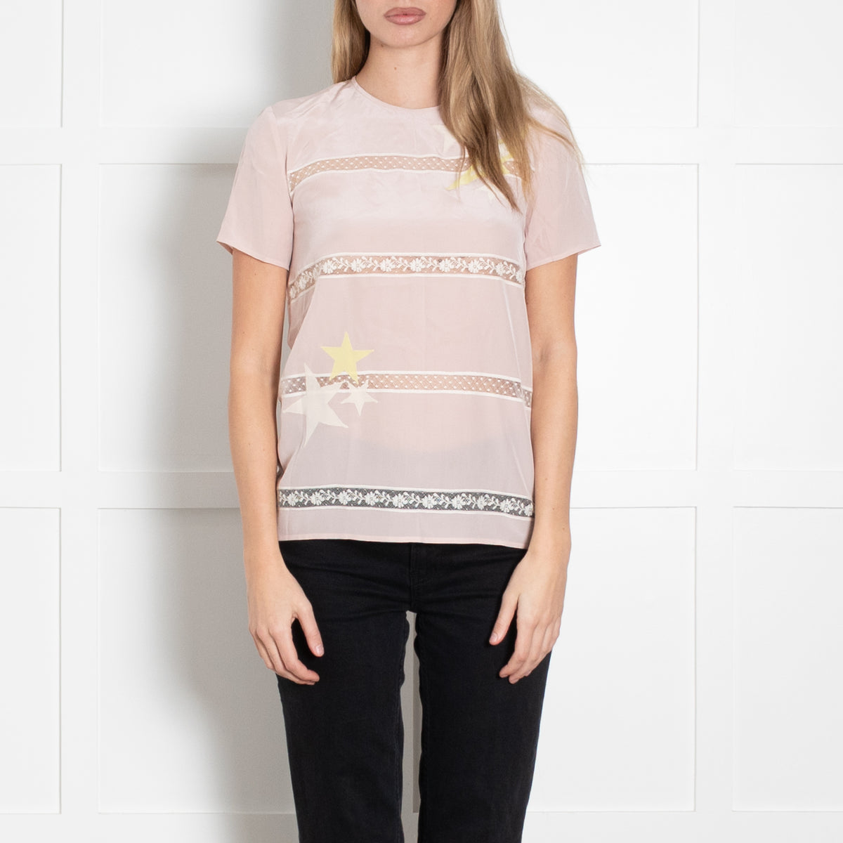 Miu Miu Dusty Pink Lace Detail Short Sleeve Top