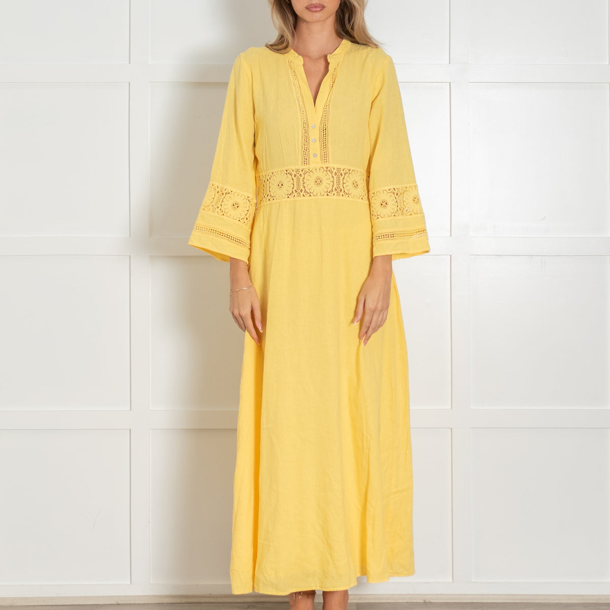 Honorine Yellow Linen Lace Trim Maxi Dress