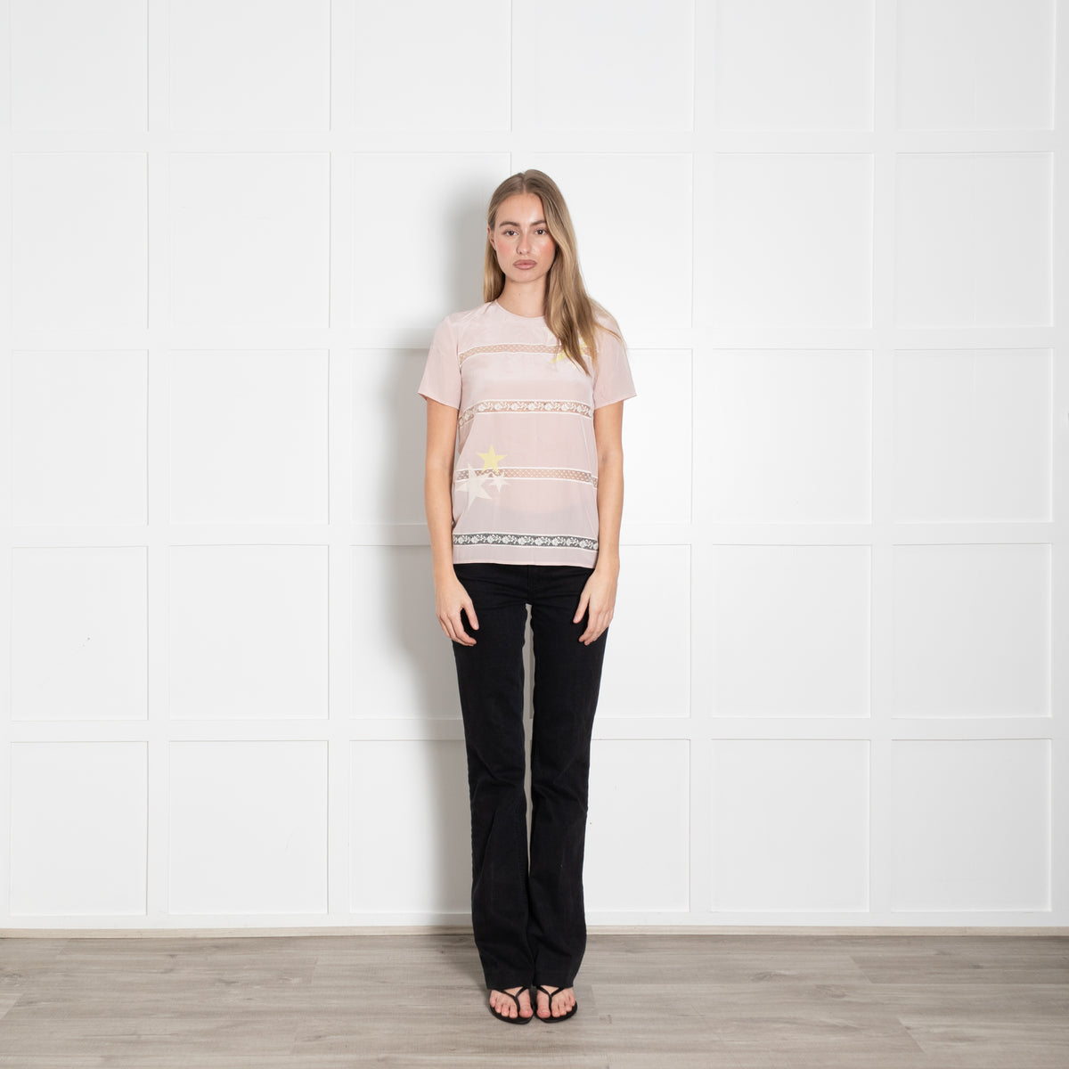 Miu Miu Dusty Pink Lace Detail Short Sleeve Top