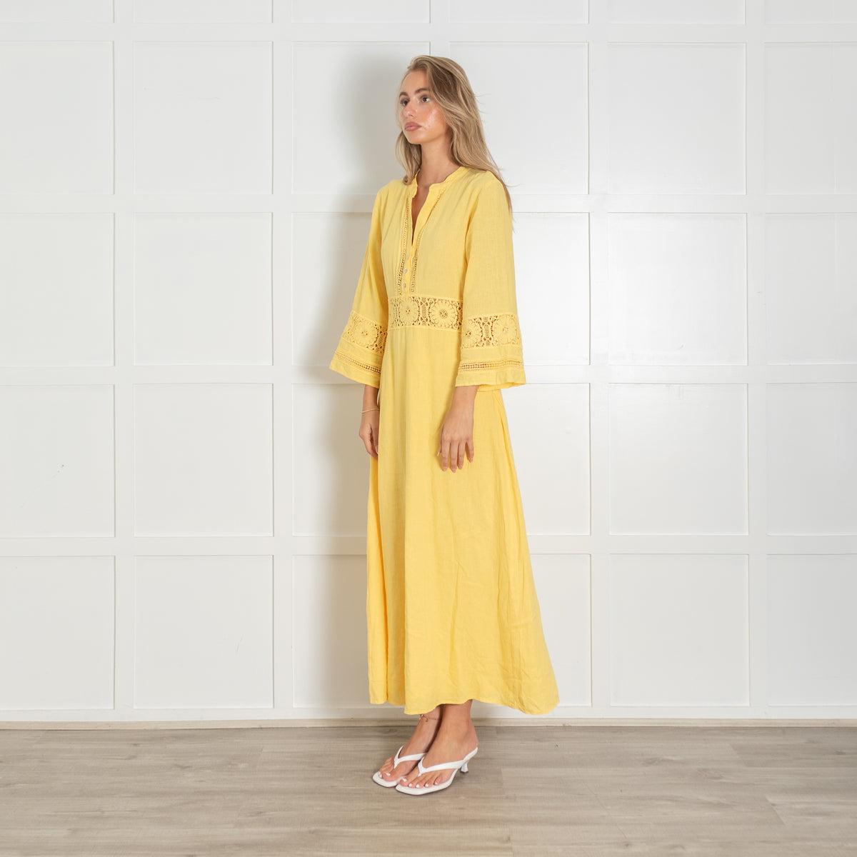 Honorine Yellow Linen Lace Trim Maxi Dress