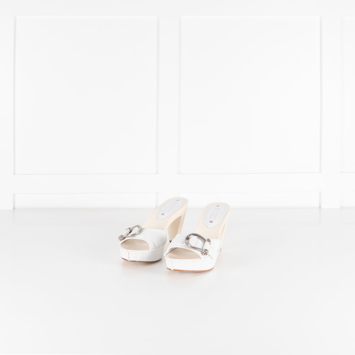 Celine White Leather Buckle Detail Sandal Heel