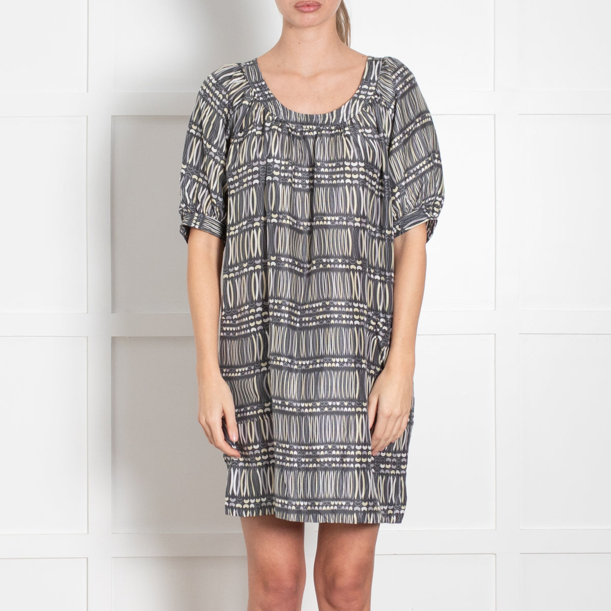 Maje Grey Yellow Silk Print Short Sleeve Tunic Dress