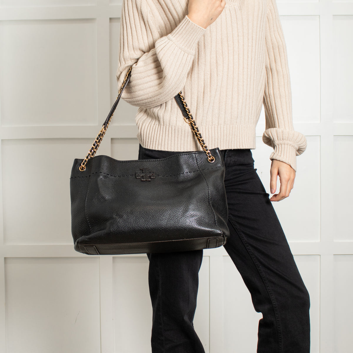 Tory Burch Black Grainy Leather McGraw Chain Shoulder Tote Bag