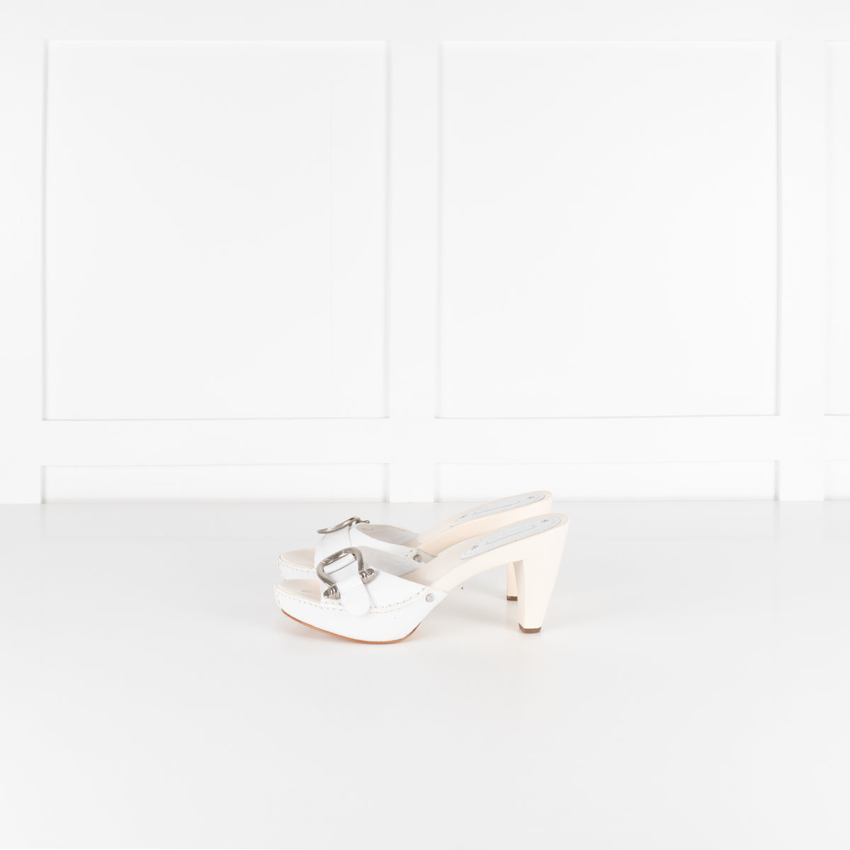 Celine White Leather Buckle Detail Sandal Heel