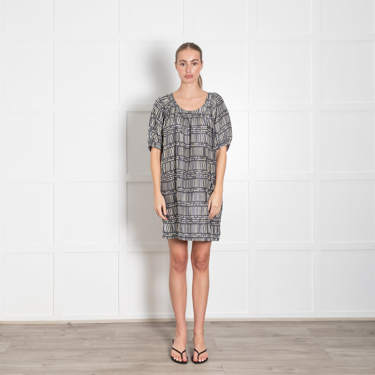 Maje Grey Yellow Silk Print Short Sleeve Tunic Dress