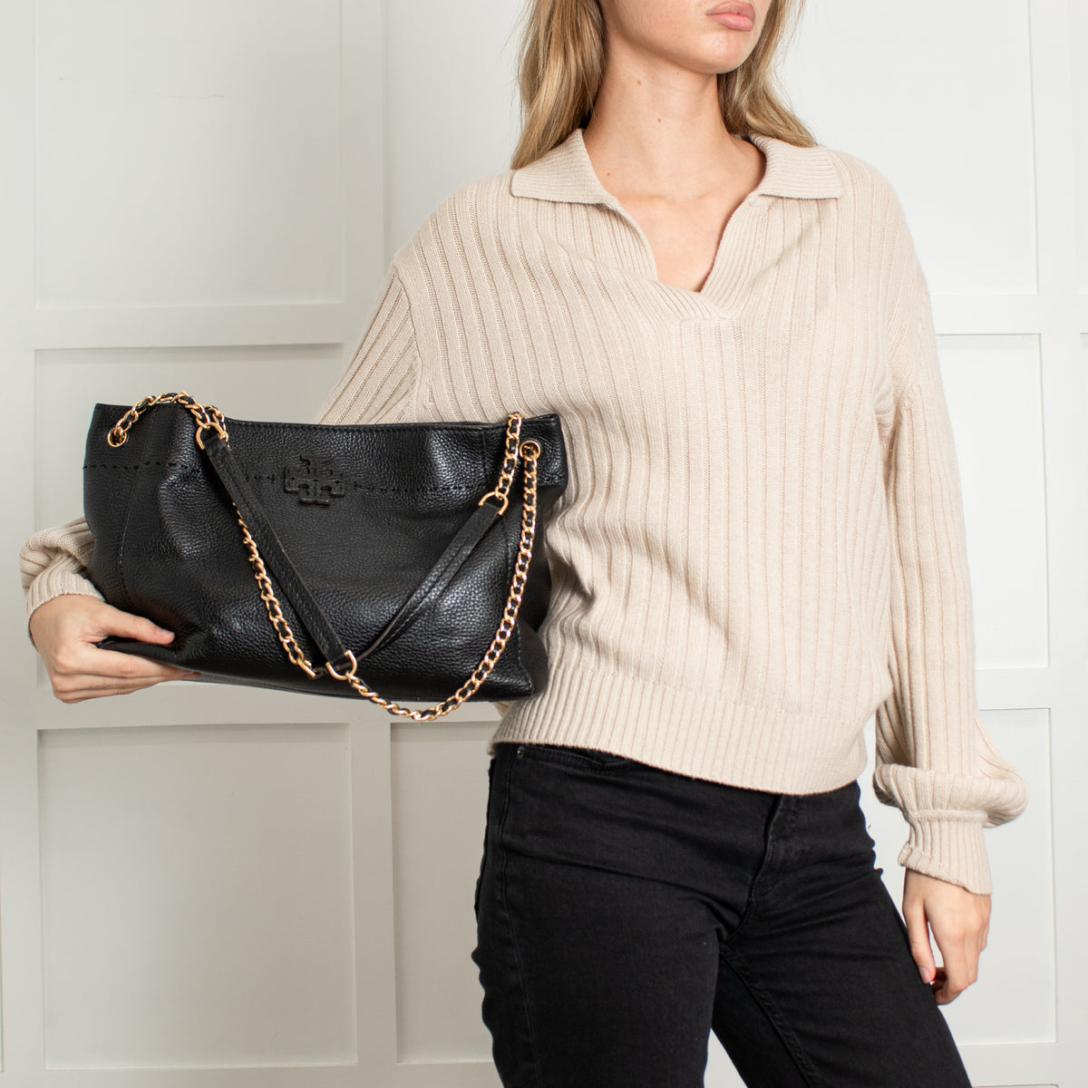 Tory Burch Black Grainy Leather McGraw Chain Shoulder Tote Bag