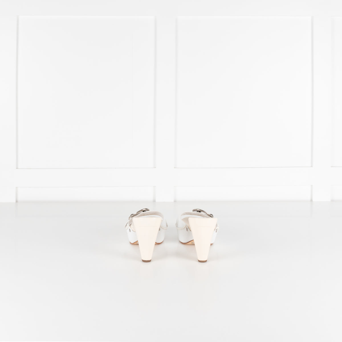 Celine White Leather Buckle Detail Sandal Heel