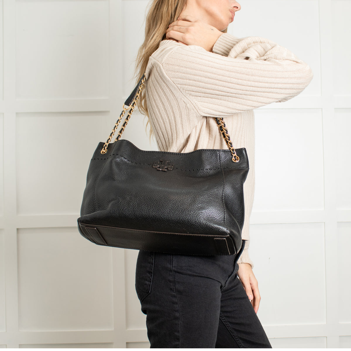 Tory Burch Black Grainy Leather McGraw Chain Shoulder Tote Bag