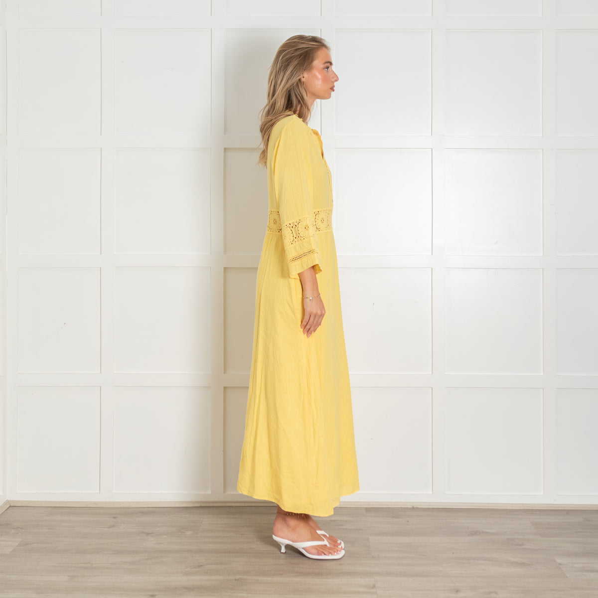 Honorine Yellow Linen Lace Trim Maxi Dress