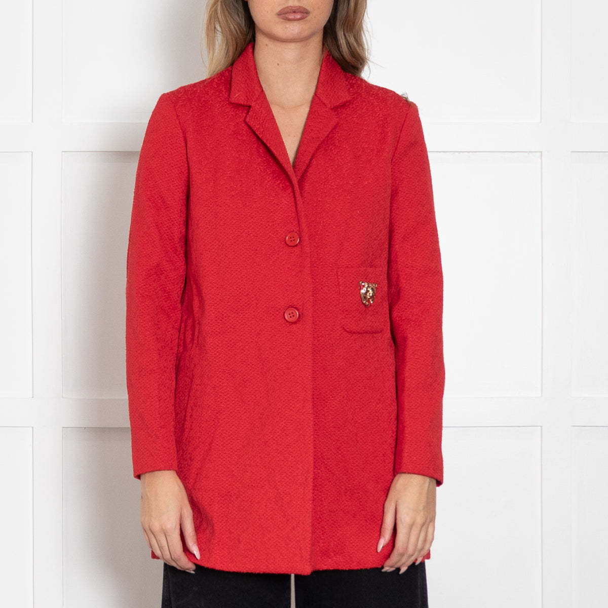 Maje Red Textured Tiger Pocket Detail Coat