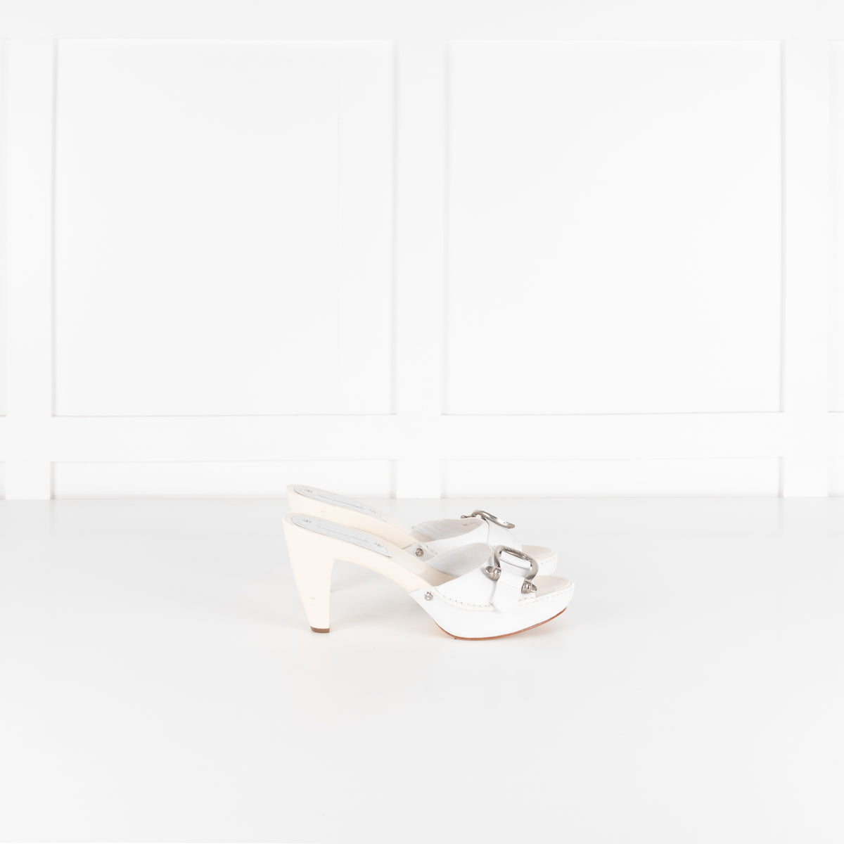 Celine White Leather Buckle Detail Sandal Heel
