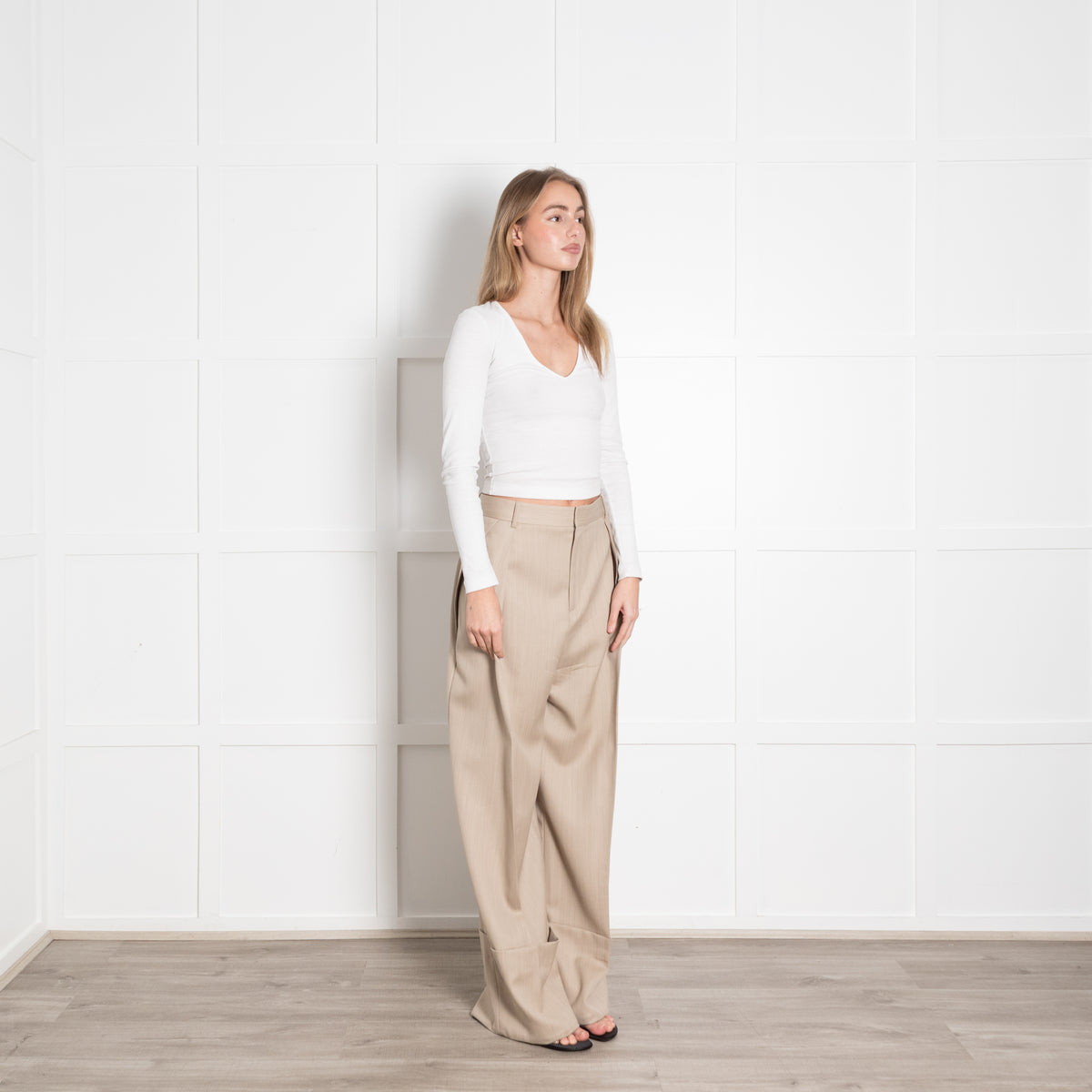 Victoria Beckham Beige Wide Leg Pleat Front Trouser With Turn Up