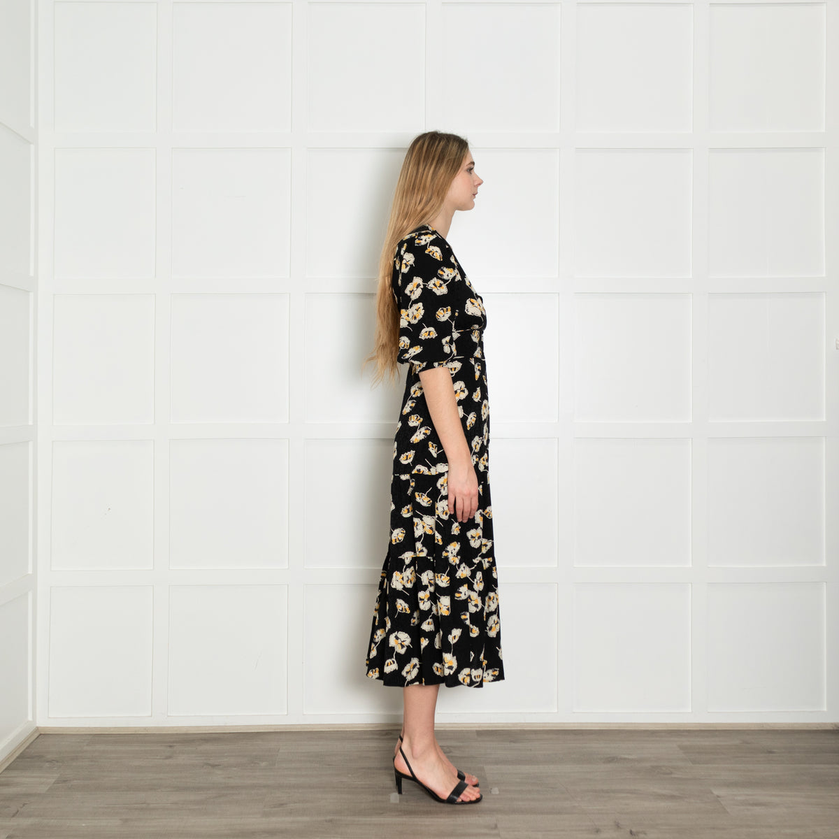 Ba&sh Black Cream Yellow Floral Button Up Front Dress