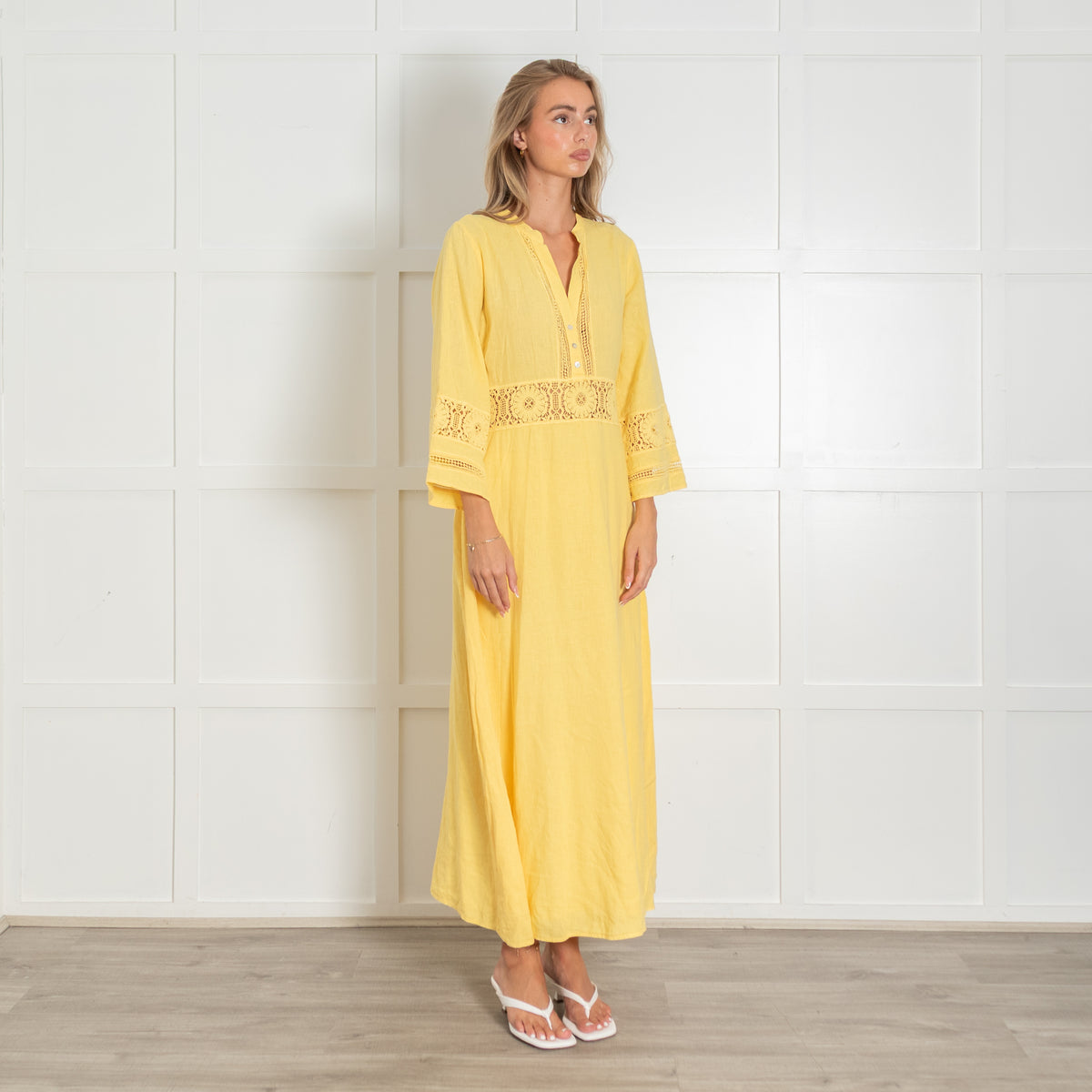 Honorine Yellow Linen Lace Trim Maxi Dress