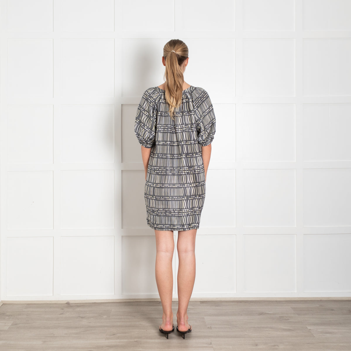 Maje Grey Yellow Silk Print Short Sleeve Tunic Dress