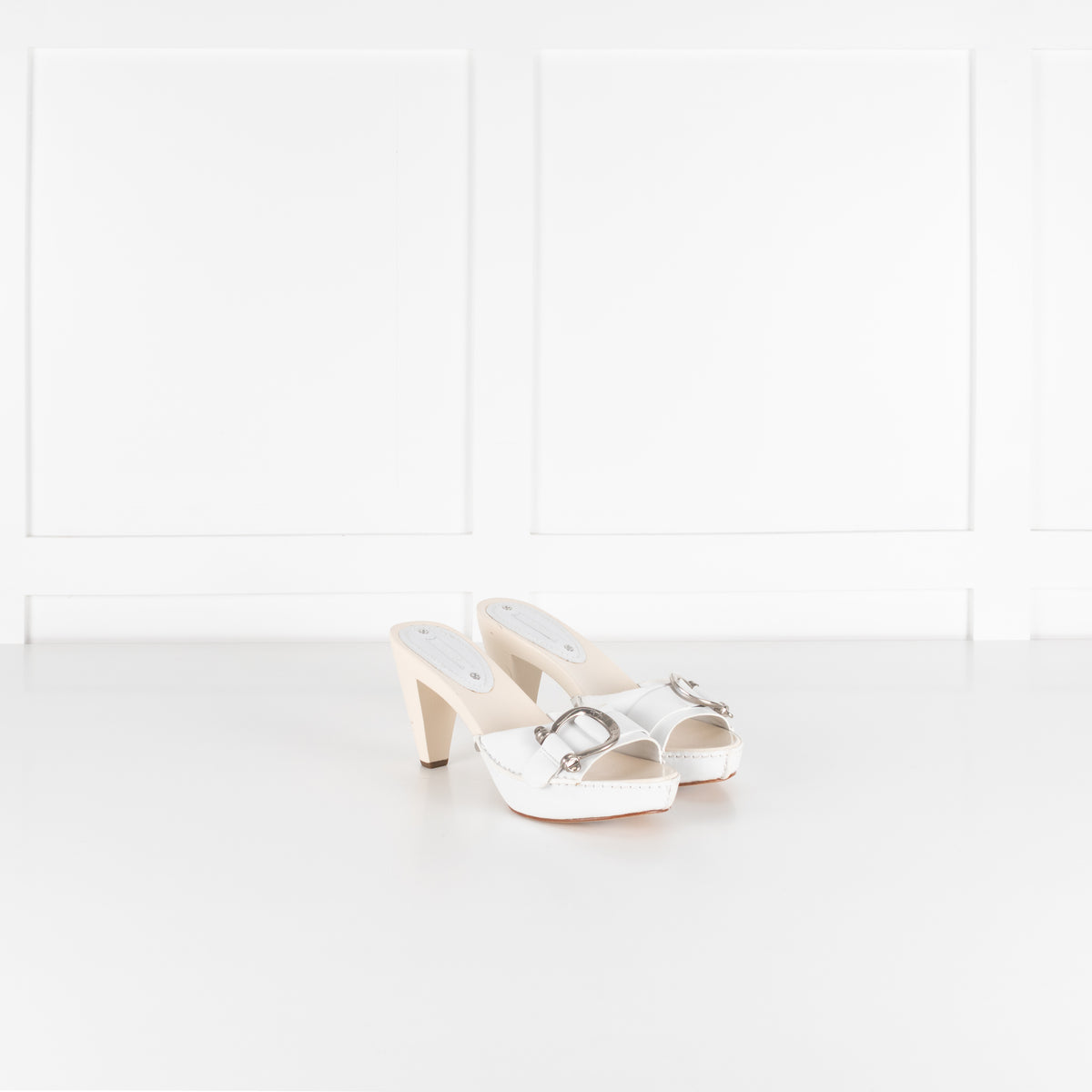Celine White Leather Buckle Detail Sandal Heel