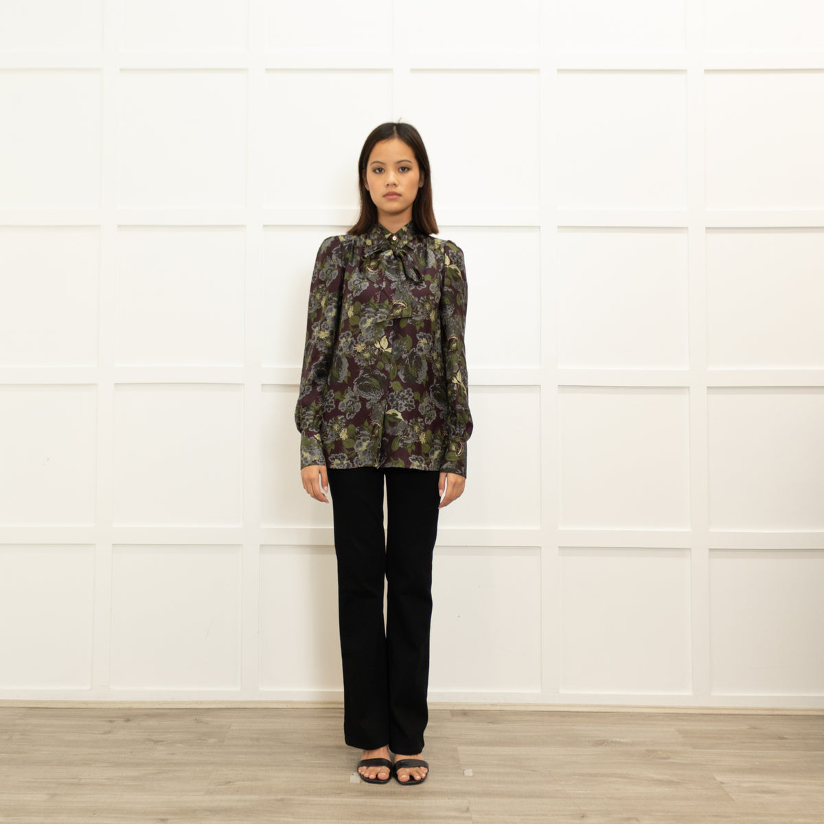 Caliban Brown Green Floral Silk Neck Tie Blouse
