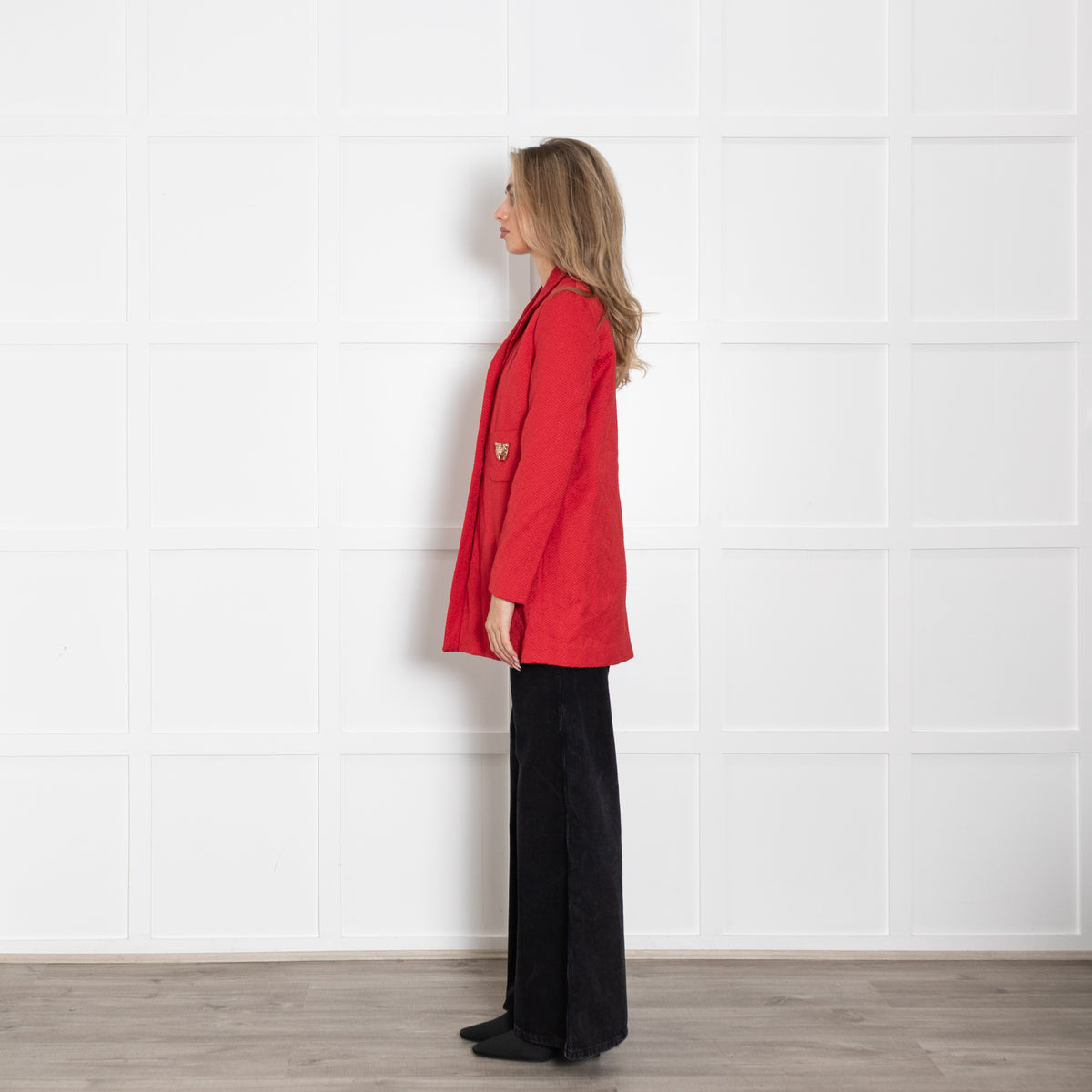 Maje Red Textured Tiger Pocket Detail Coat