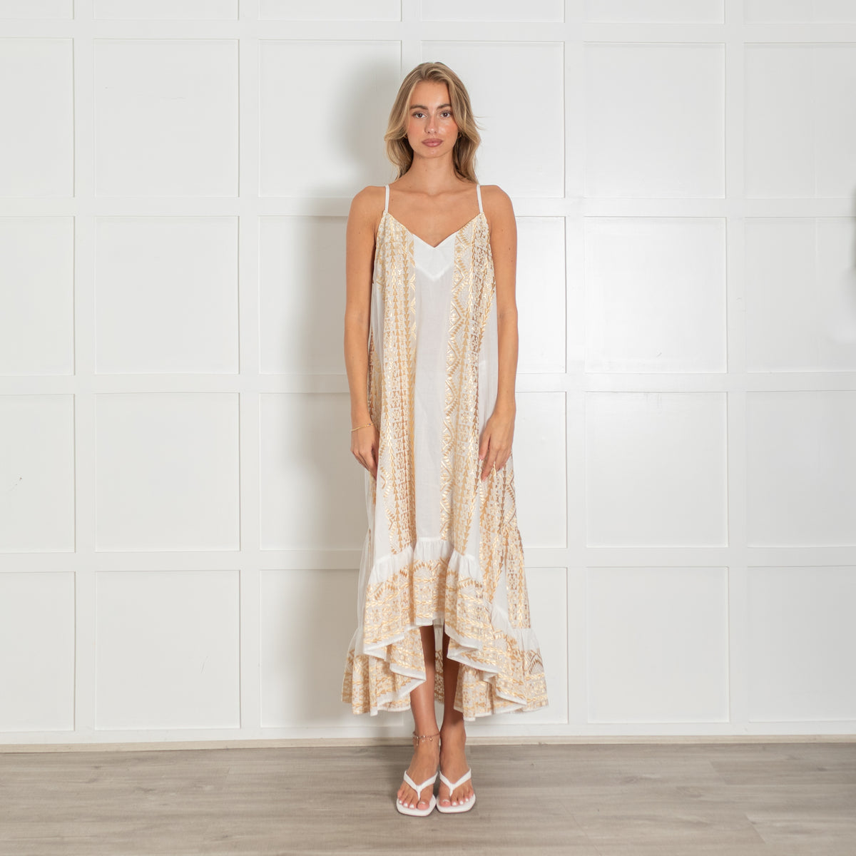 Greek Archaic Kori White Cotton Sun Dress with Gold Embroidery