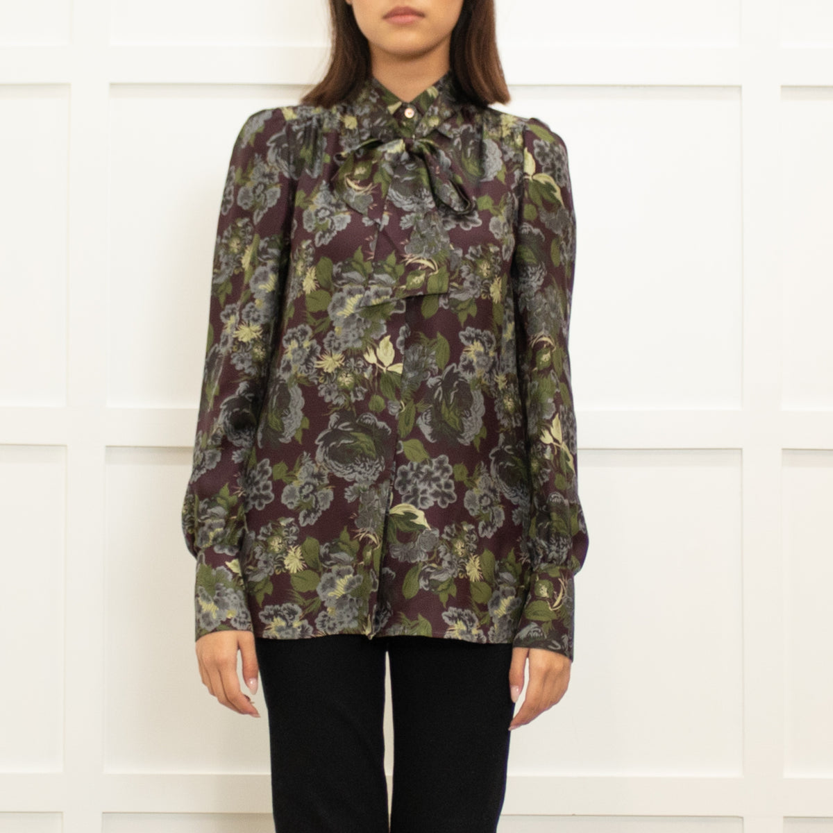 Caliban Brown Green Floral Silk Neck Tie Blouse