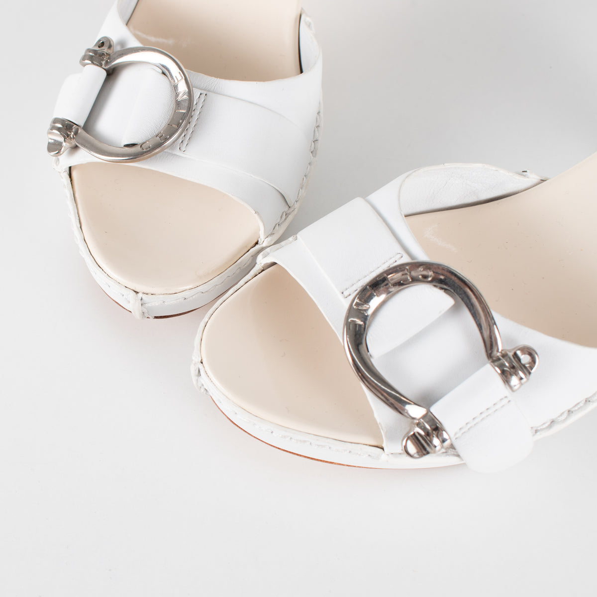 Celine White Leather Buckle Detail Sandal Heel