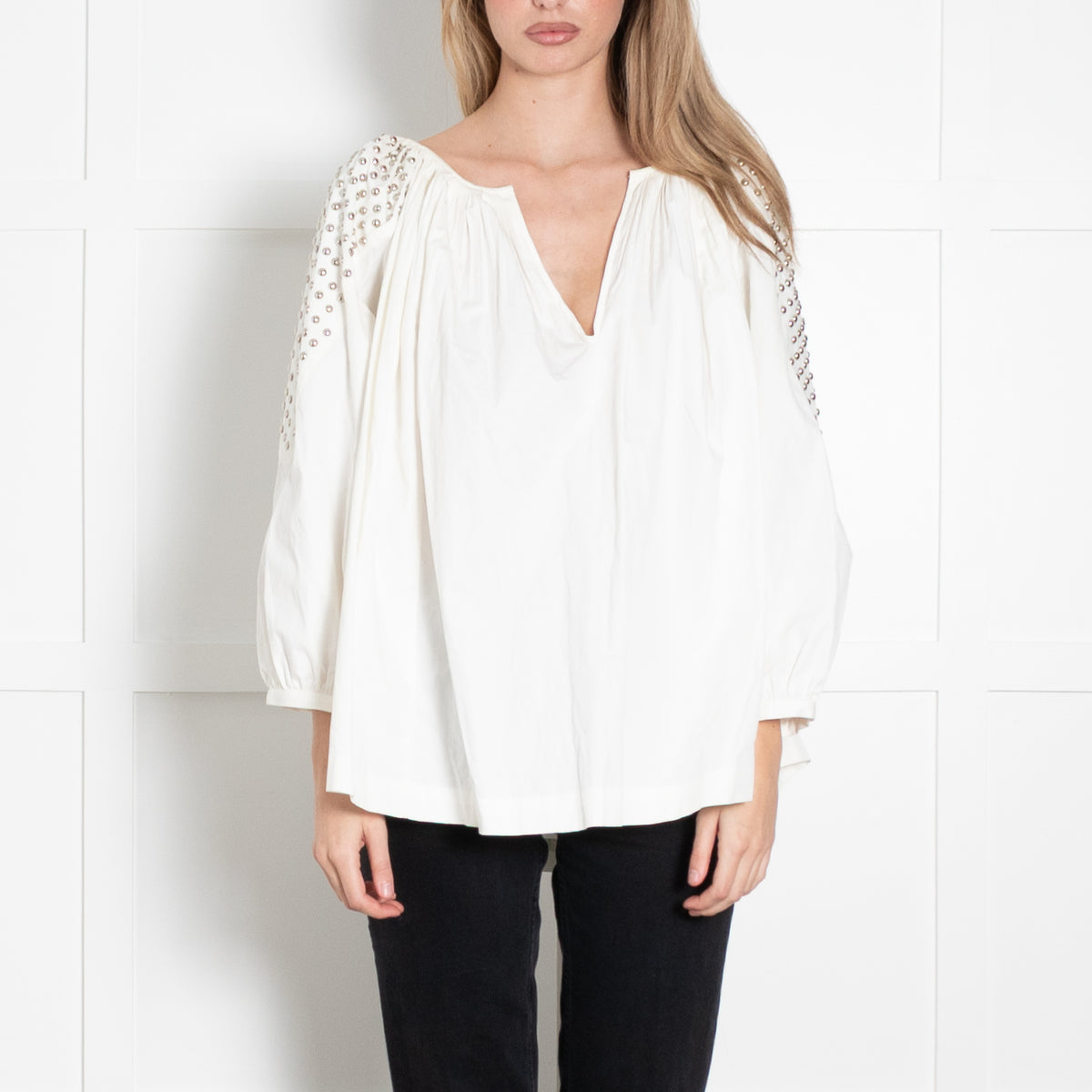 By Malene Birger Cream Studded Shoulder Oversized Cotton Top