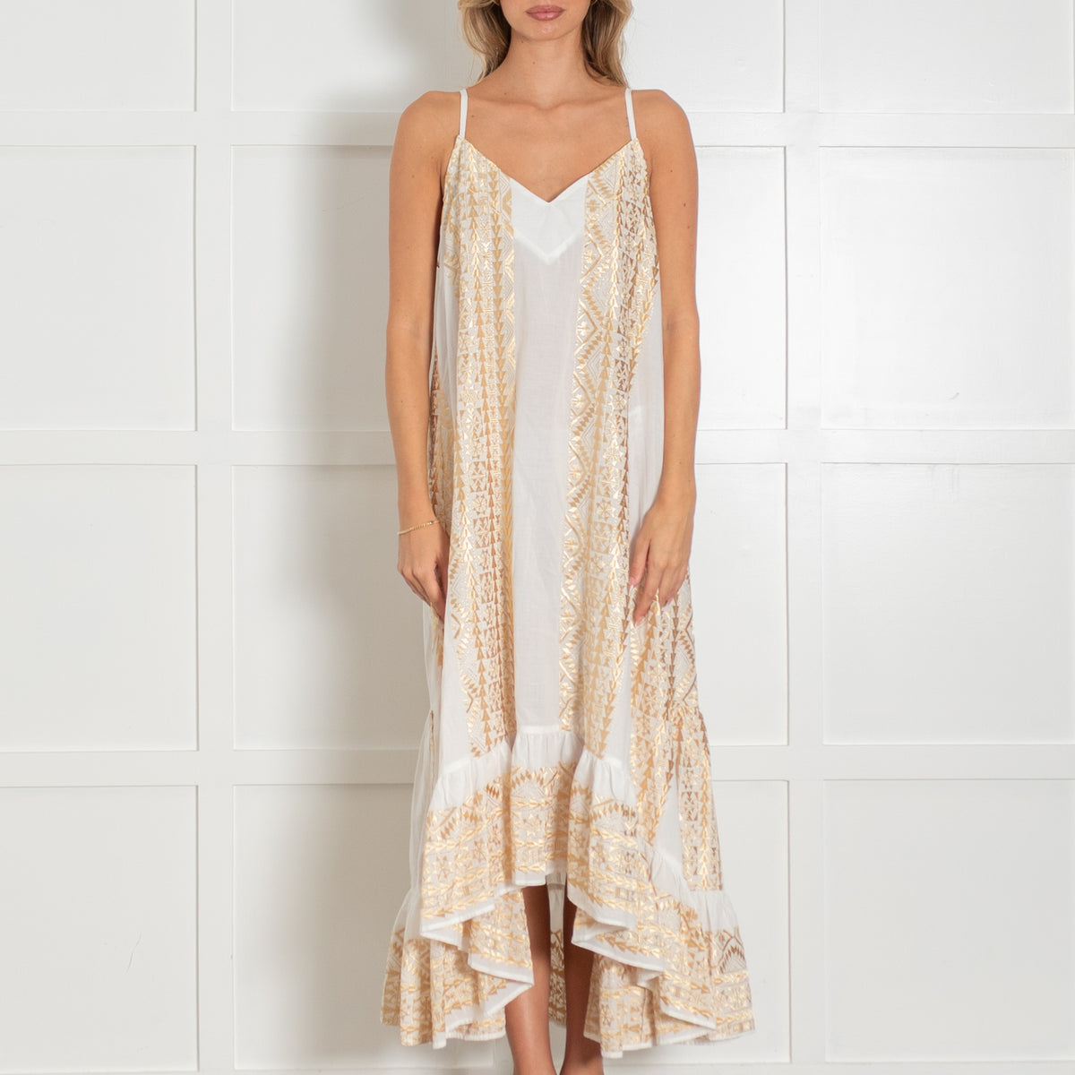 Greek Archaic Kori White Cotton Sun Dress with Gold Embroidery