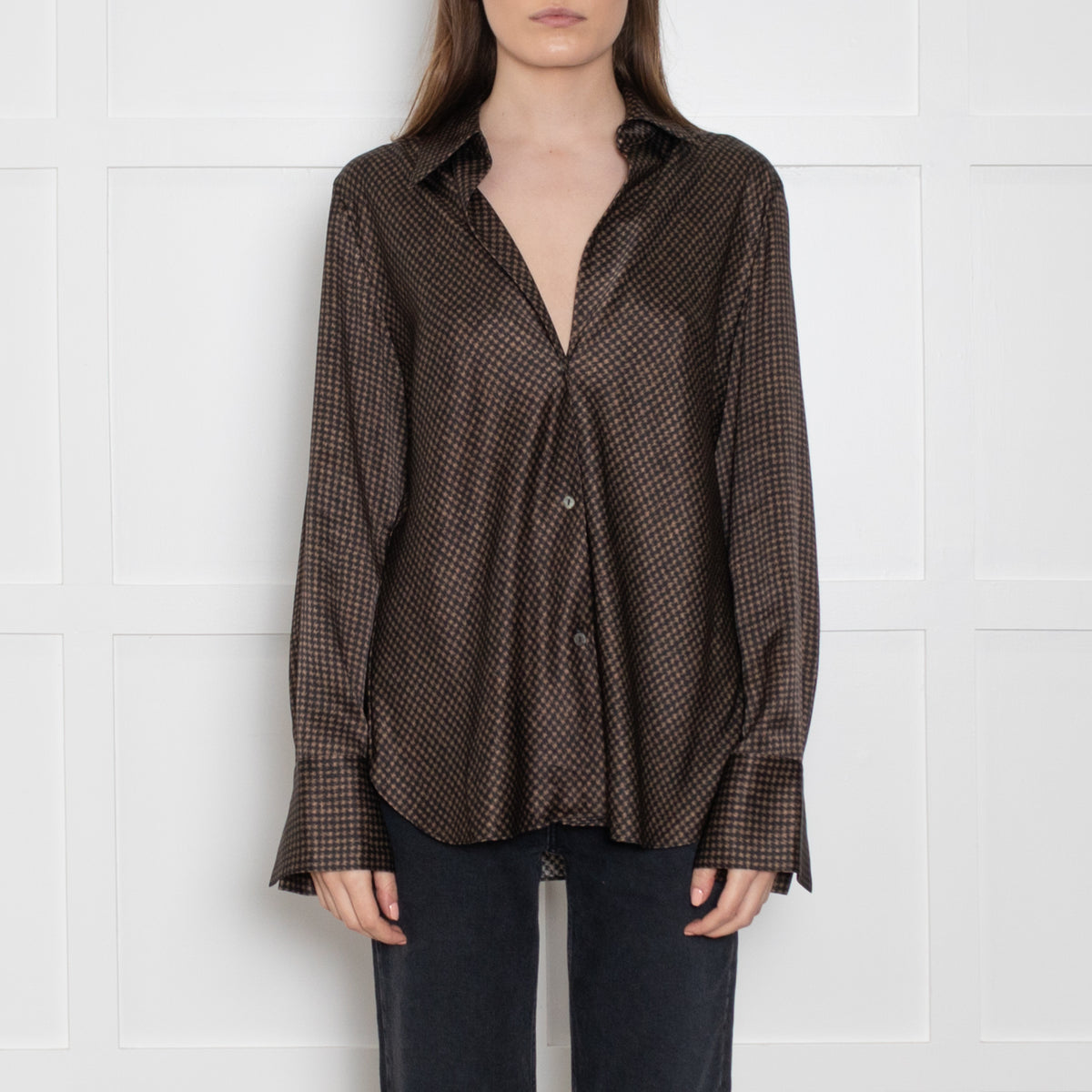 Vince Black & Brown Print Silk Blouse