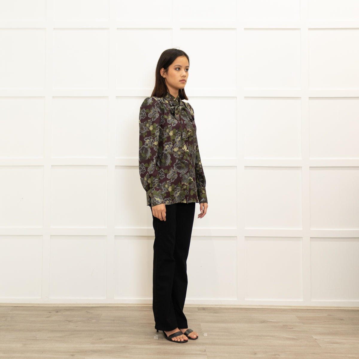 Caliban Brown Green Floral Silk Neck Tie Blouse