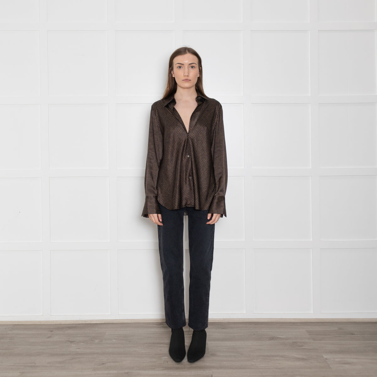 Vince Black & Brown Print Silk Blouse