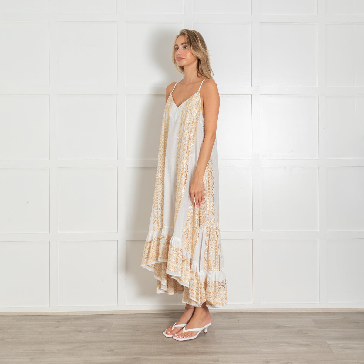 Greek Archaic Kori White Cotton Sun Dress with Gold Embroidery