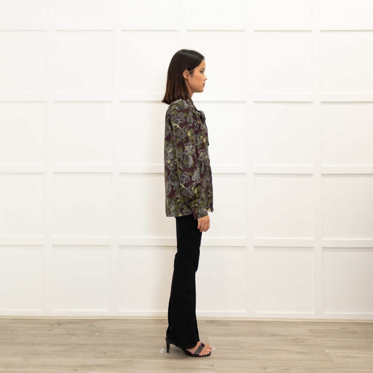 Caliban Brown Green Floral Silk Neck Tie Blouse