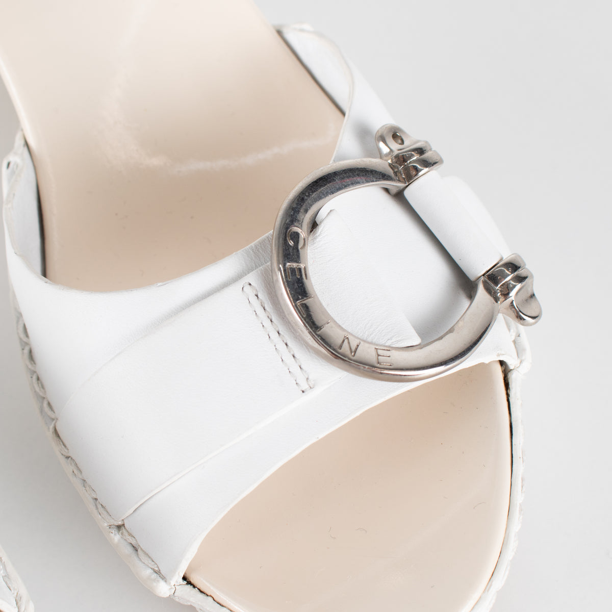Celine White Leather Buckle Detail Sandal Heel