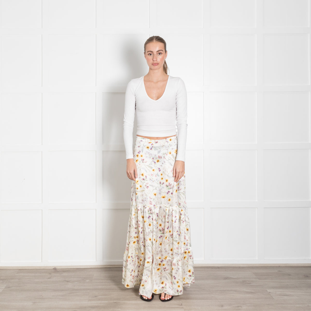 Ridley Cream Yellow Purple Floral Silk Skirt