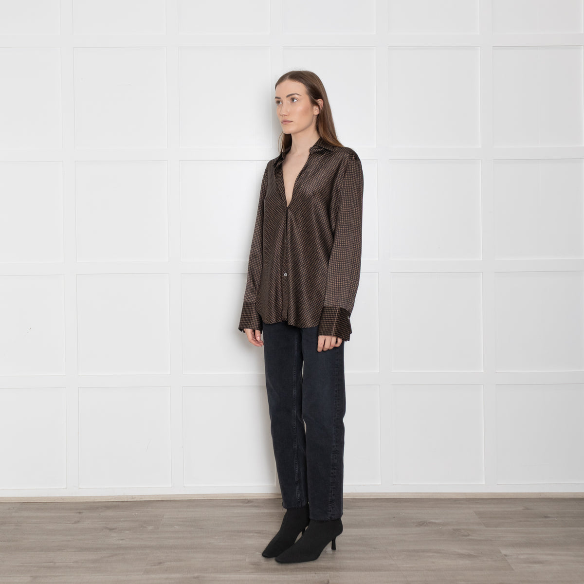 Vince Black & Brown Print Silk Blouse