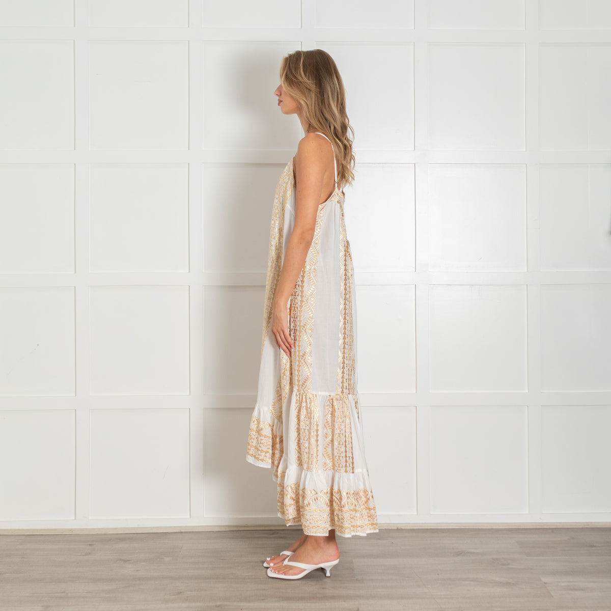 Greek Archaic Kori White Cotton Sun Dress with Gold Embroidery