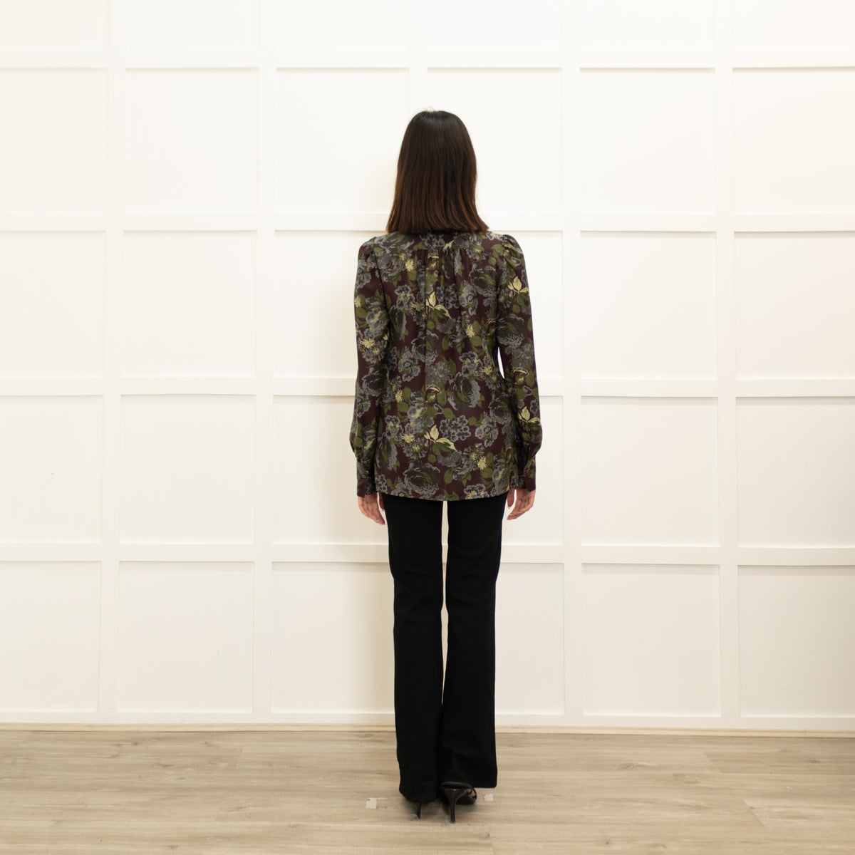 Caliban Brown Green Floral Silk Neck Tie Blouse